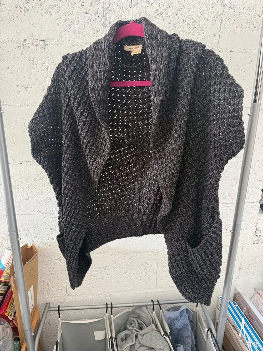 DKNY Cozy Open-Front Chunky Cardigan Sweater - Charcoal Gray - Size Medium